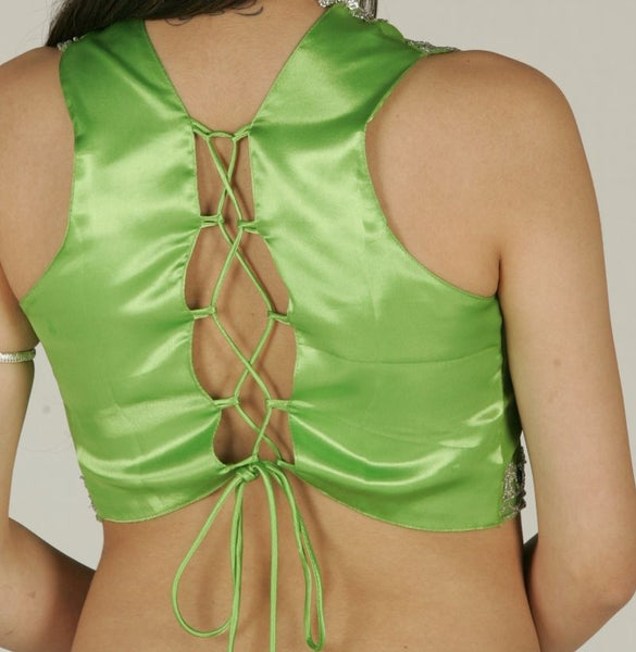 Chiffon and Satin Choli Tie Back Belly Dance Top with Stones and Embroidery
