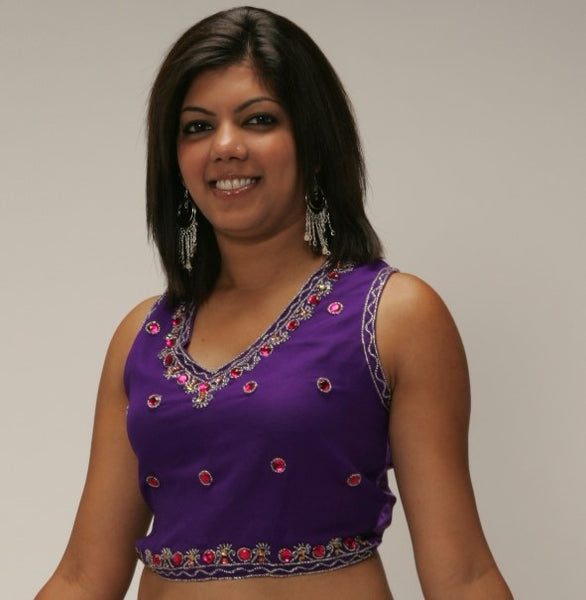 Chiffon and Satin Choli Tie Back Belly Dance Top with Stones and Embroidery