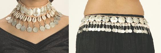 Natural Fiber Necklace and Hip Belt with Cowri Shells Mother-of-Pearl Discs, Bells and Silver Coins