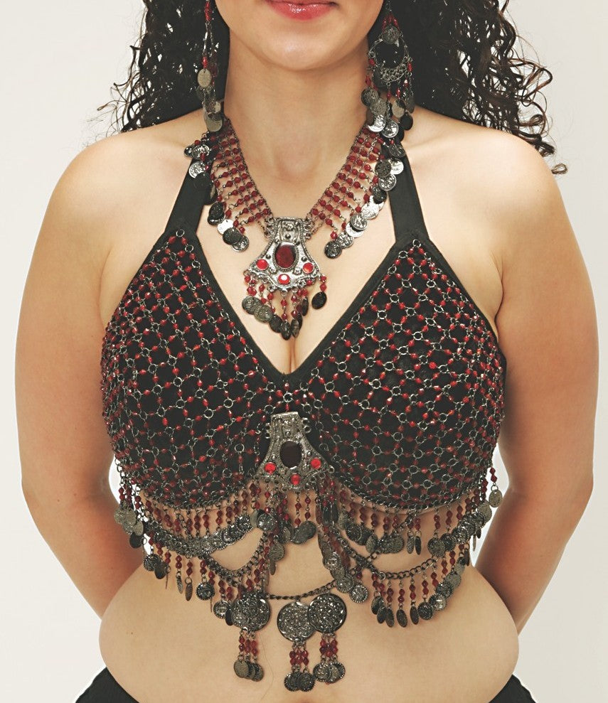 Antique Style Bra Hip Belt and Necklace Belly Dance Costume Set