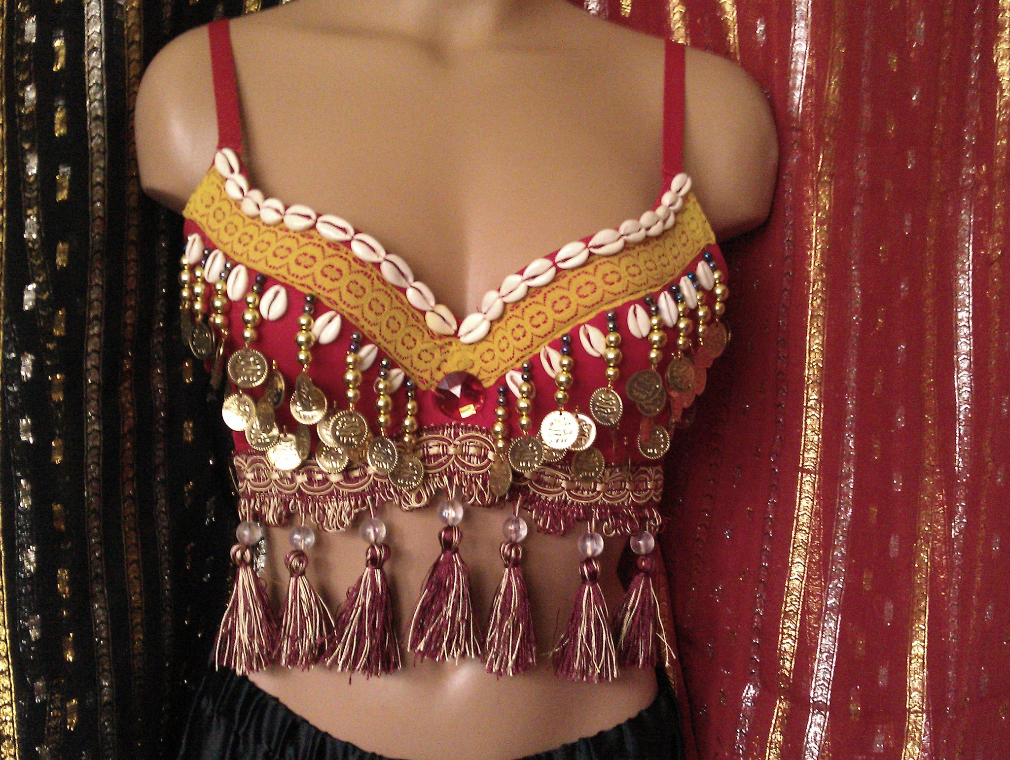 Red Tribal Belly Dance Bra Top Cowrie Shells Coins with Tassels