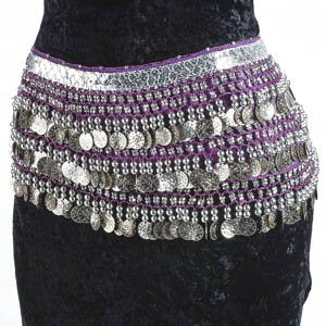 Purple Belly Dance Velvet Hip Scarf Silver Gold Coins Sequins