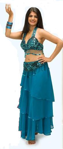 Turquoise Chiffon 3-Tier Belly Dance Skirt Sequin Edge