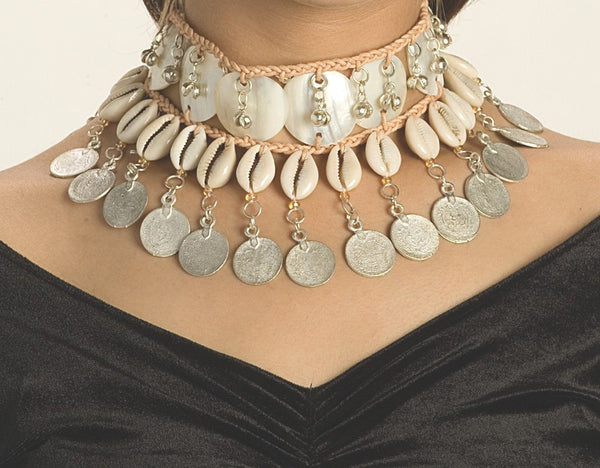 Natural Fiber Necklace and Hip Belt with Cowri Shells Mother-of-Pearl Discs, Bells and Silver Coins