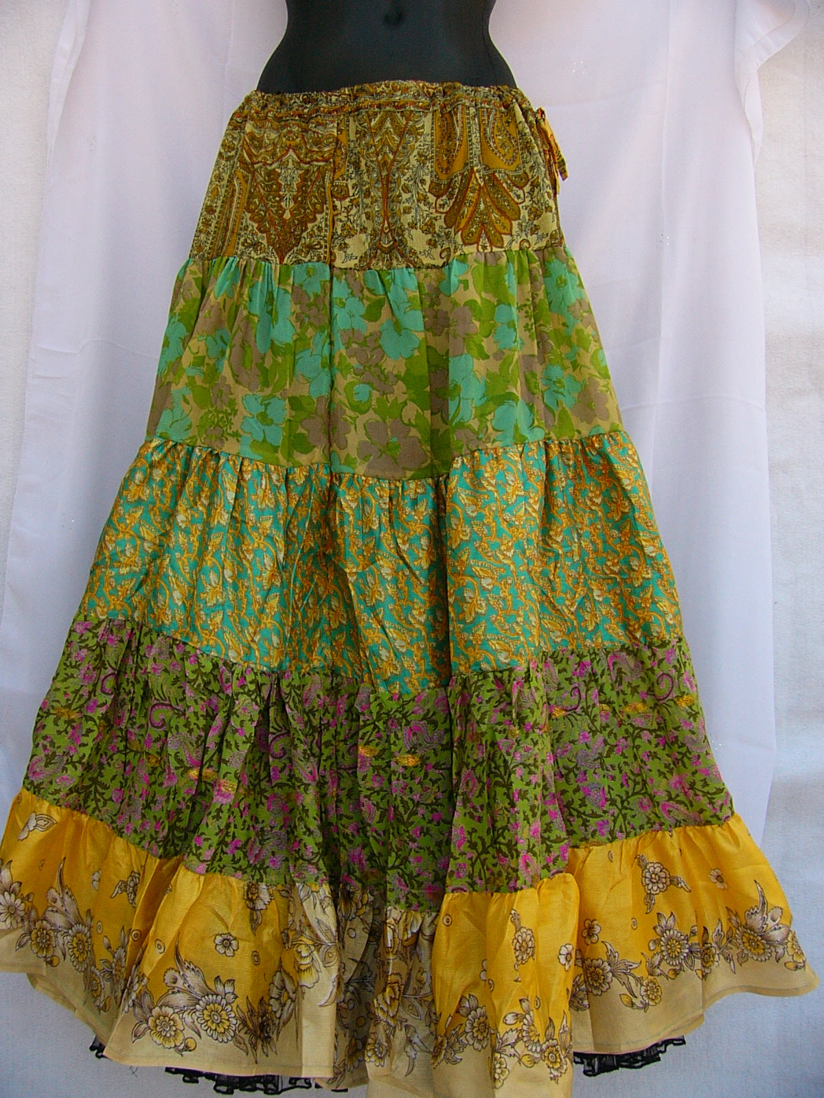 Vintage Sari Silk Skirt Belly Dance Green Brown Cream Yellow
