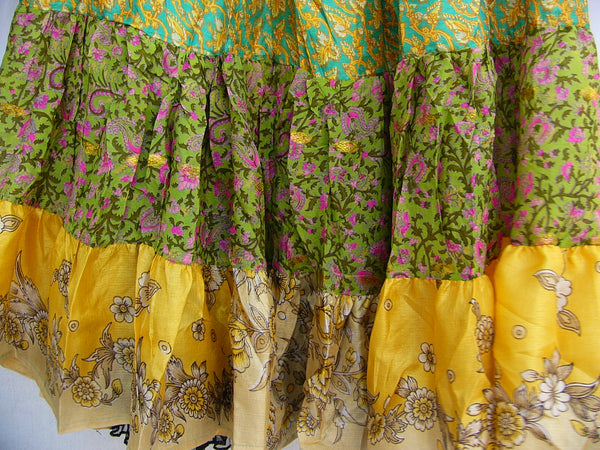 Vintage Sari Silk Skirt - Patterns in Green Cream Brown Yellow