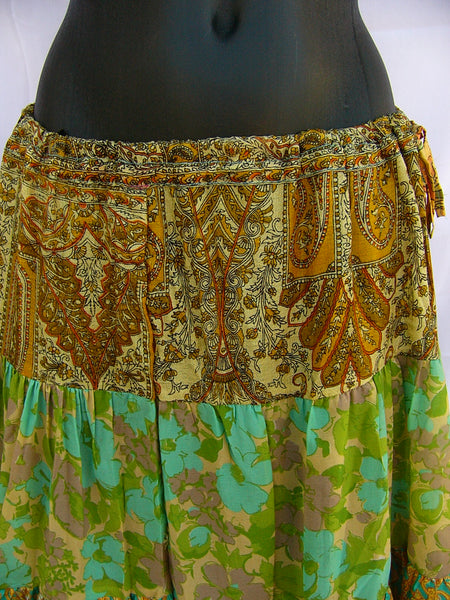 Vintage Sari Silk Skirt - Patterns in Green Cream Brown Yellow