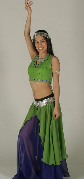 Chiffon and Satin Choli Tie Back Belly Dance Top with Stones and Embroidery