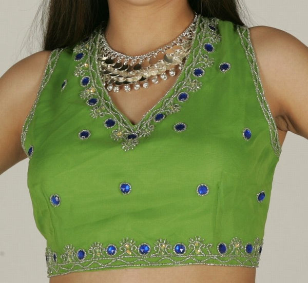 Chiffon and Satin Choli Tie Back Belly Dance Top with Stones and Embroidery