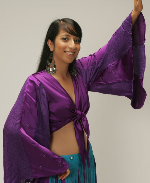 purple satin brocade tie front umbrella sleeve belly dance top